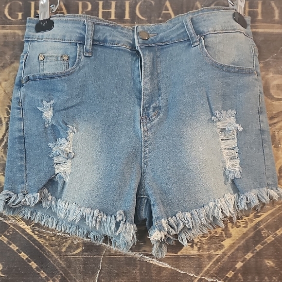 General Motors Pants - Blue Distressed Jean Shorts with Frayed Hem